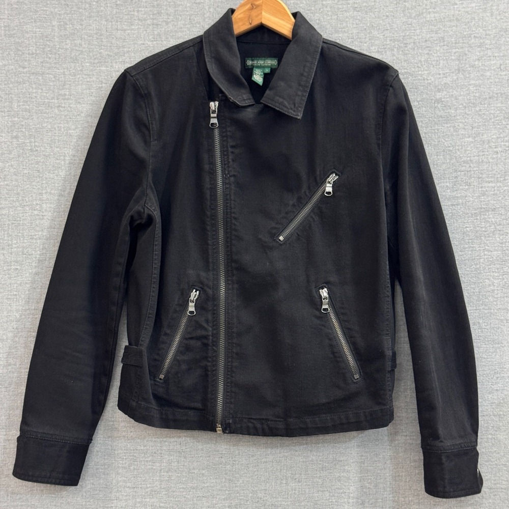 Lauren Ralph Lauren Black Denim Moto Jacket Asymmetrical Zip Biker Womens Large